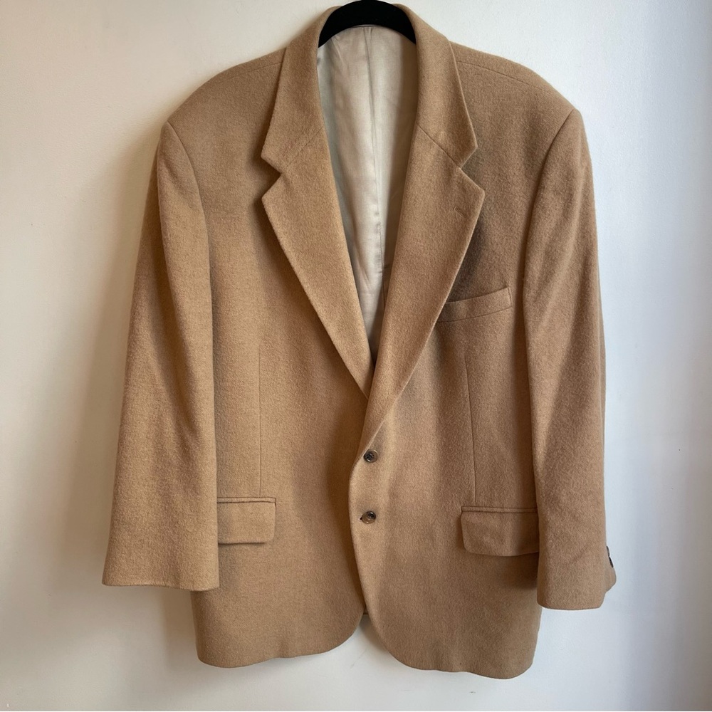 Vintage 80s Club Room 100% Camel Hair Tan Two Button Blazer Jacket Size 46 R